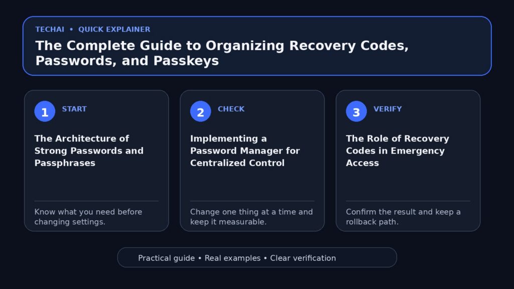 Three-step visual explainer for The Complete Guide to Organizing Recovery Codes, Passwords, and Passkeys