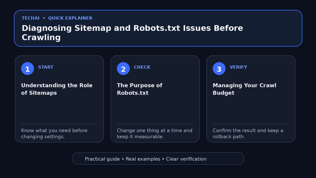 Three-step visual explainer for Diagnosing Sitemap and Robots.txt Issues Before Crawling