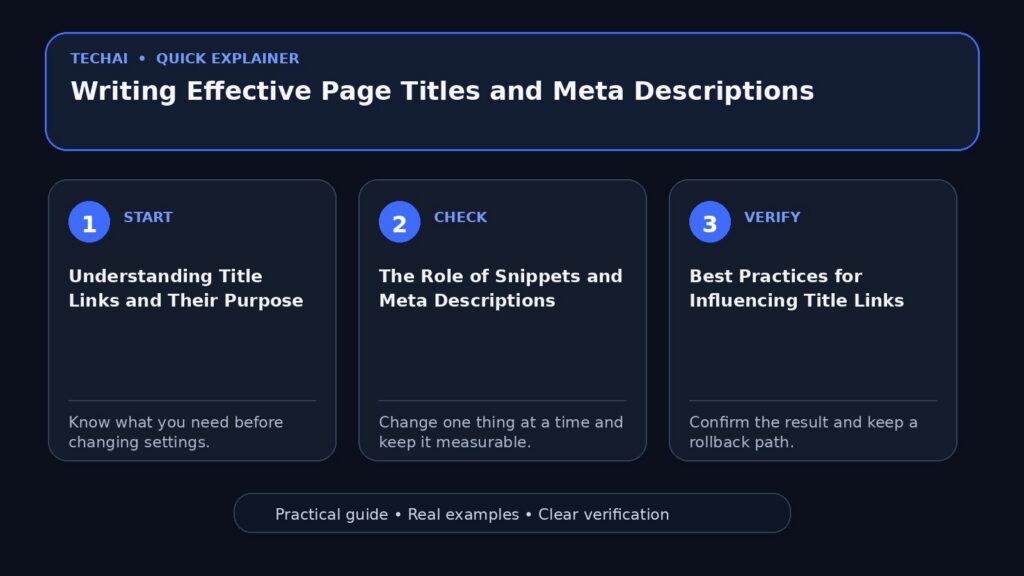 Three-step visual explainer for Writing Effective Page Titles and Meta Descriptions