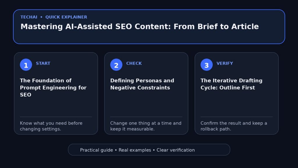 Three-step visual explainer for Mastering AI-Assisted SEO Content: From Brief to Article