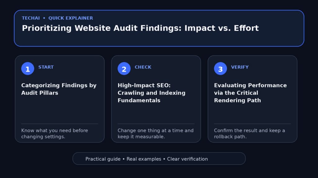 Three-step visual explainer for Prioritizing Website Audit Findings: Impact vs. Effort