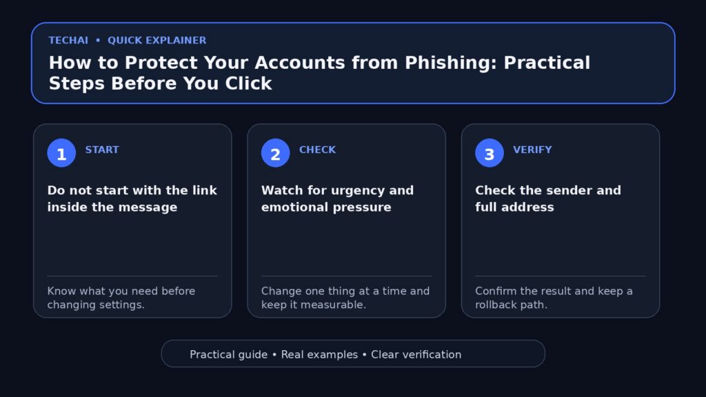 Three-step visual explainer for How to Protect Your Accounts from Phishing: Practical Steps Before You Click