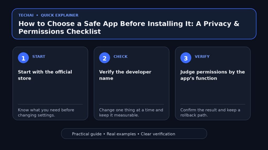 Three-step visual explainer for How to Choose a Safe App Before Installing It: A Privacy & Permissions Checklist