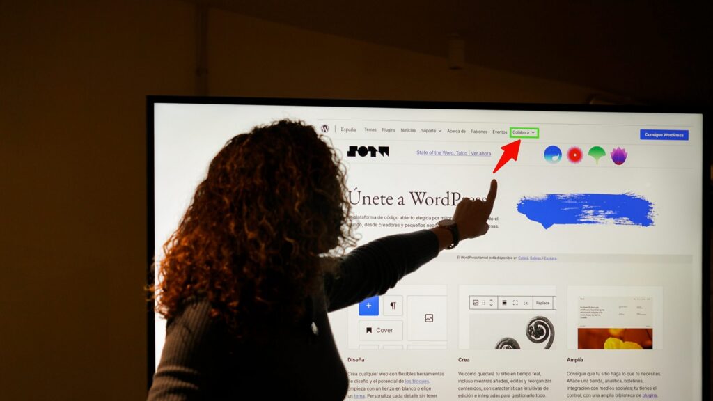 A person with curly hair is silhouetted against a large computer screen, pointing at a section of a webpage.