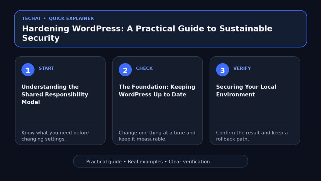 Three-step visual explainer for Hardening WordPress: A Practical Guide to Sustainable Security