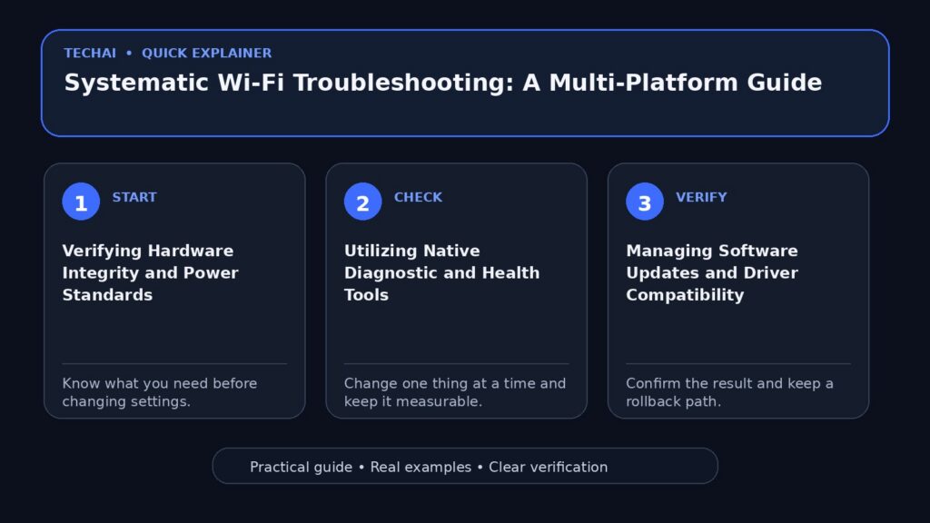 Three-step visual explainer for Systematic Wi-Fi Troubleshooting: A Multi-Platform Guide