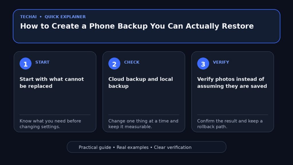 Three-step visual explainer for How to Create a Phone Backup You Can Actually Restore
