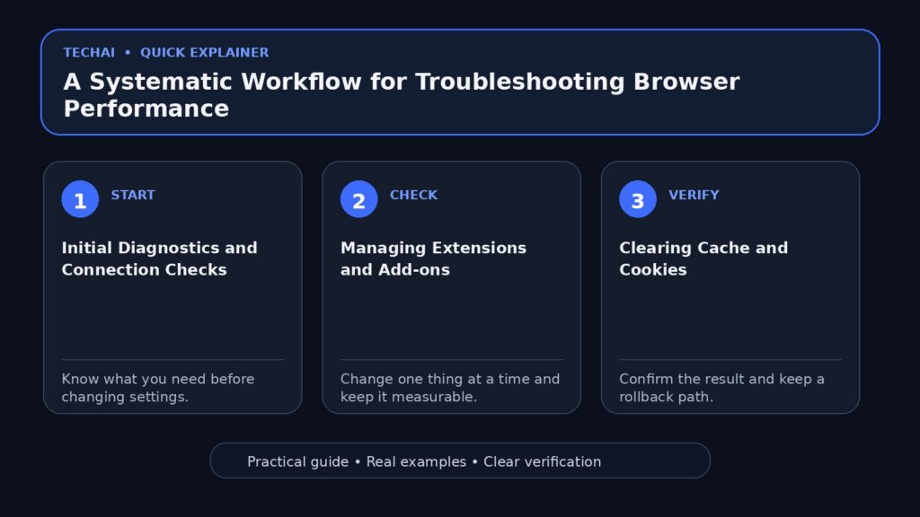 Three-step visual explainer for A Systematic Workflow for Troubleshooting Browser Performance