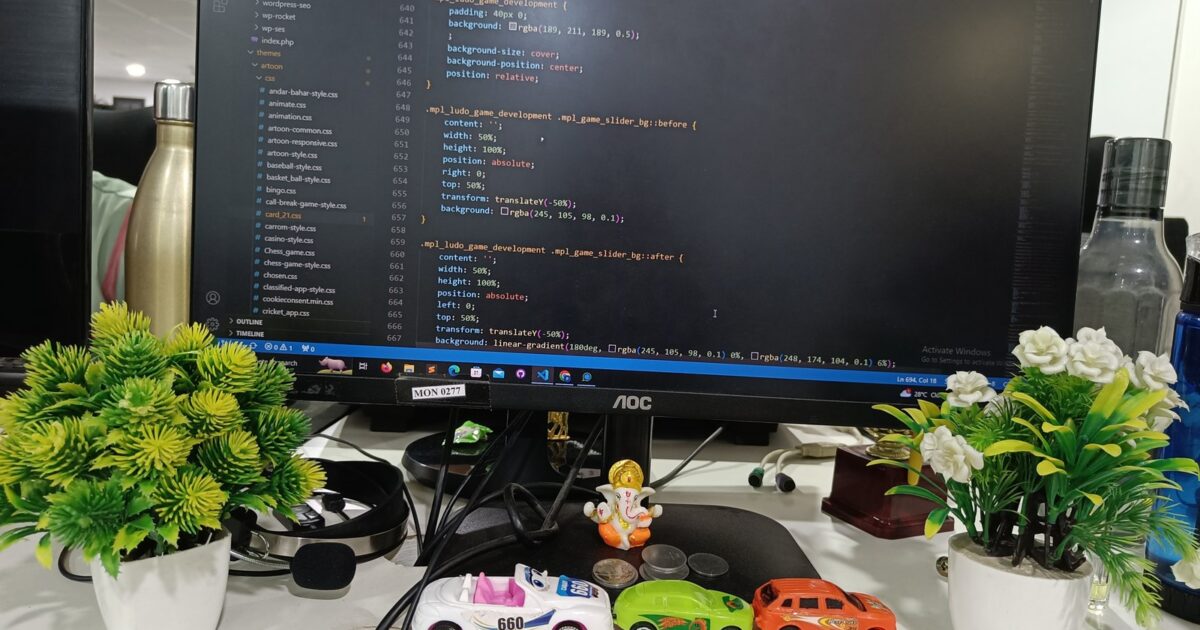A view of the office desk with a monitor, water bottle, indoor plants, and cables.