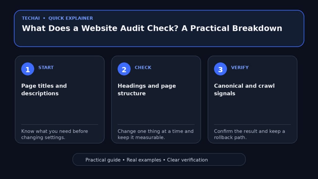 Three-step visual explainer for What Does a Website Audit Check? A Practical Breakdown