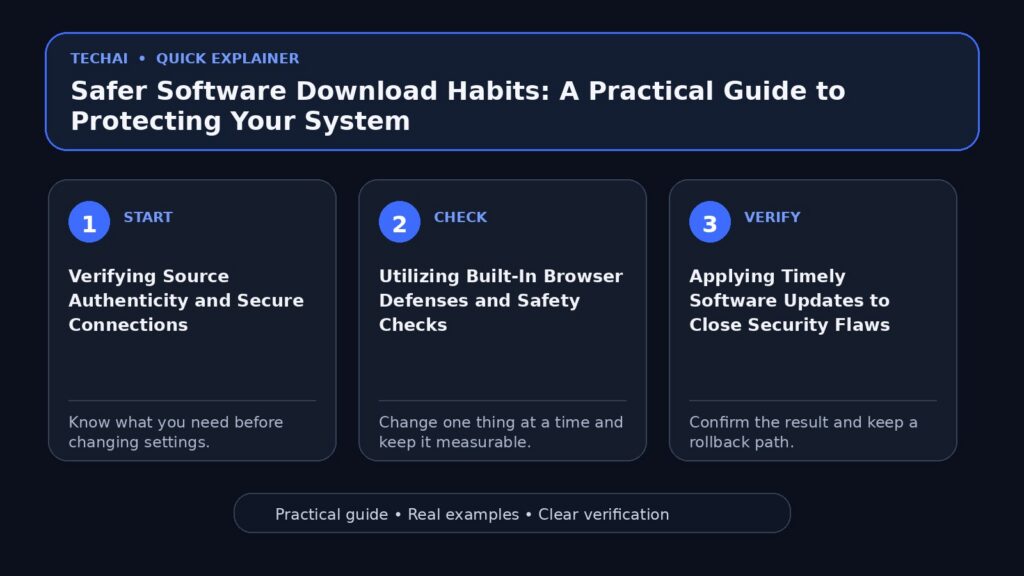 Three-step visual explainer for Safer Software Download Habits: A Practical Guide to Protecting Your System